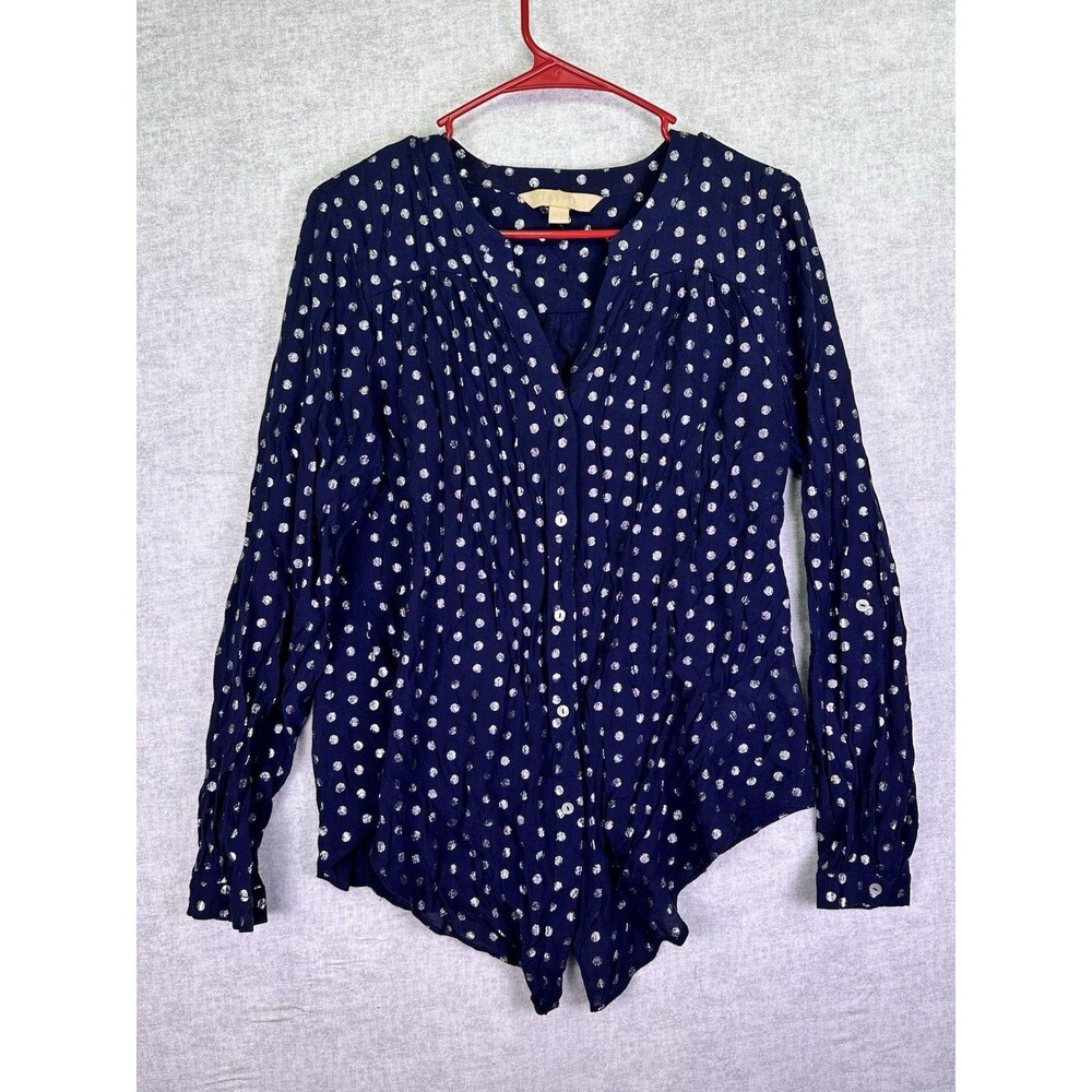 Hope And Harlow Top Large Split-V-Neck Roll Tab Sleeve Blue Silver Polka Dots